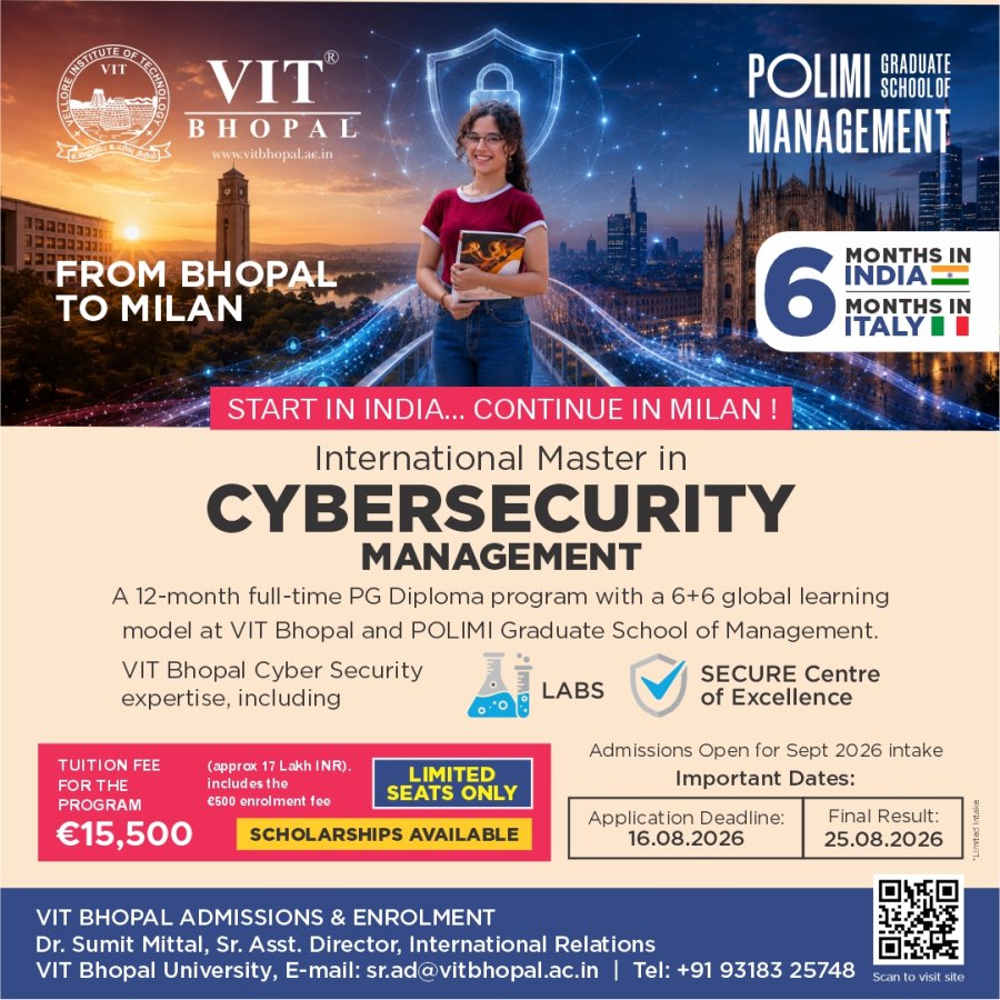 VIT Bhopal Launches International Master in Cybersecurity Management in Collaboration with POLIMI GSoM, Italy